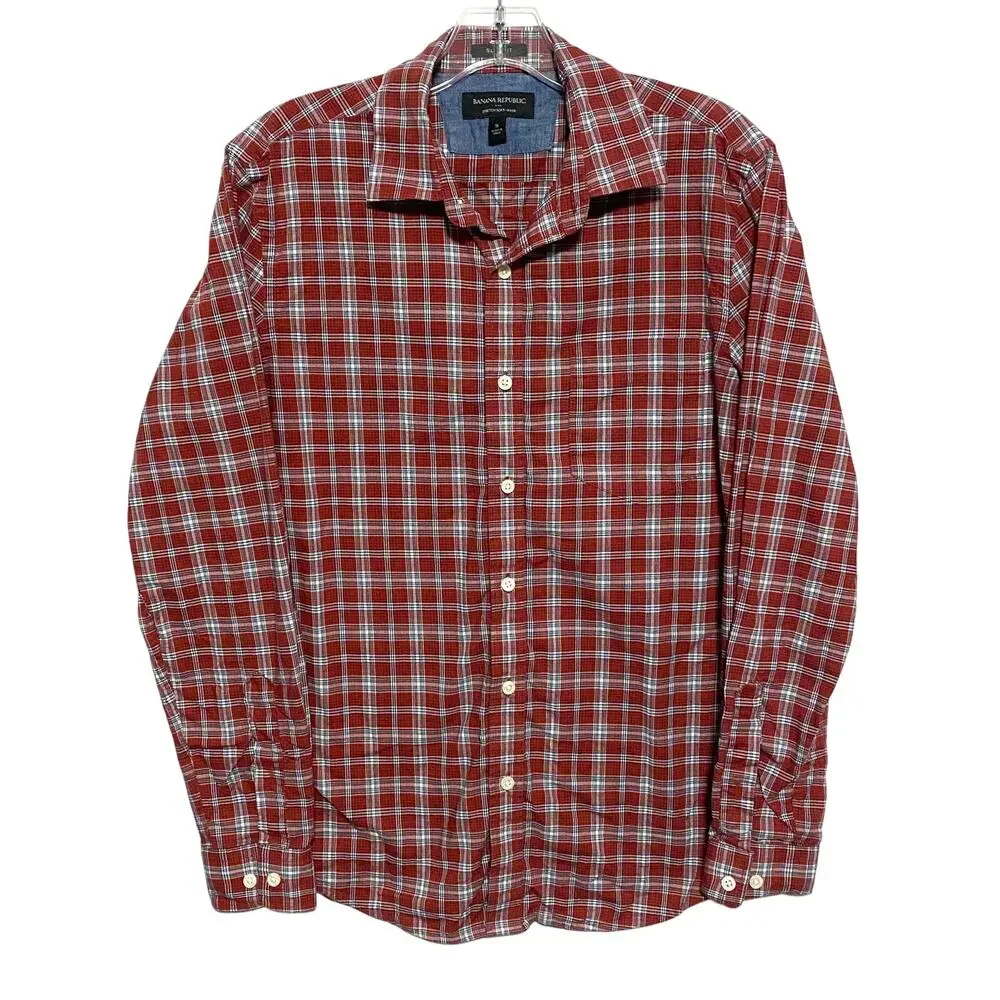 Banana Republic Red Plaid Slim Fit Button Shirt Mens S Stretch Soft Wash Classic